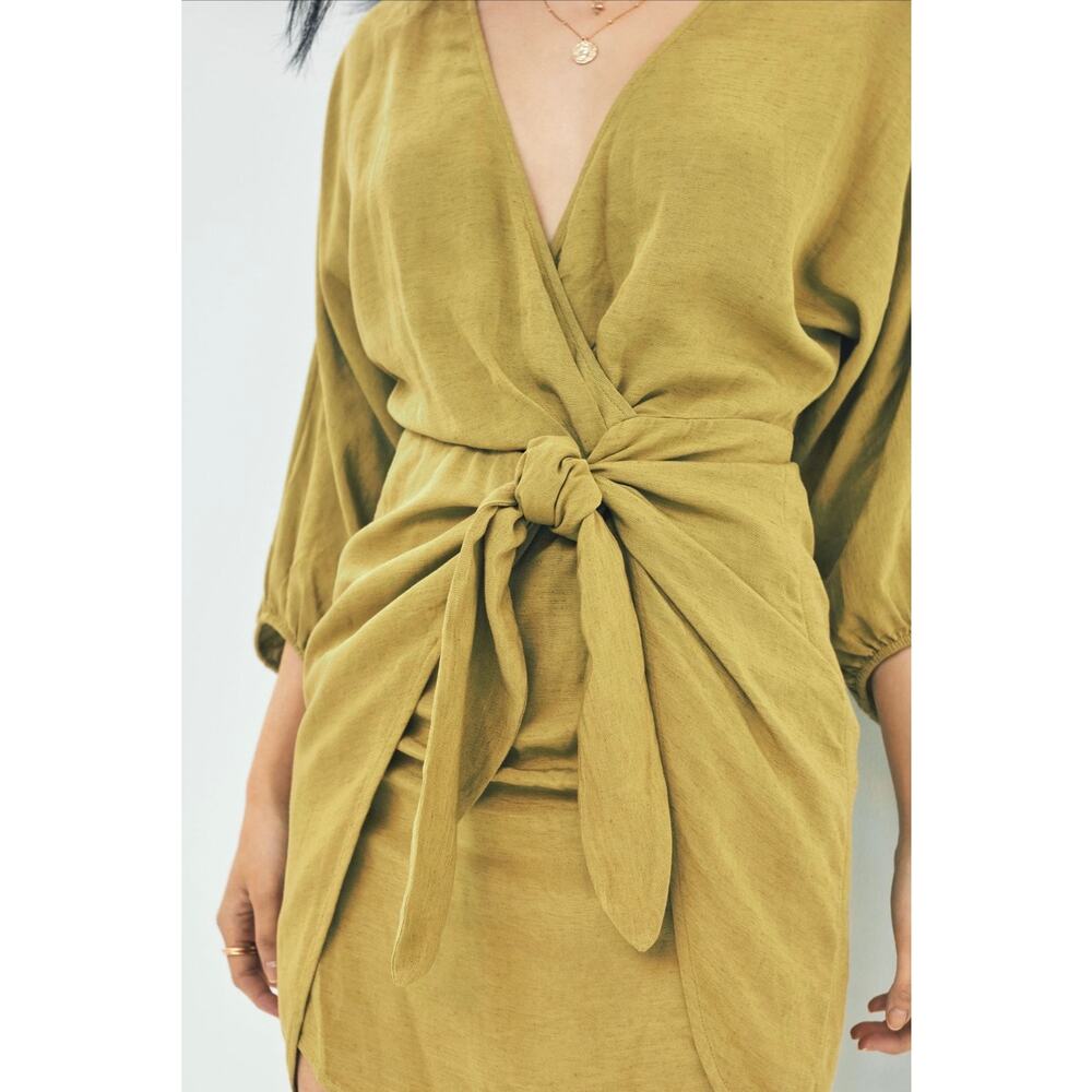 Anthropologie Mini Dress Green Linen Blend Wrap Kimono Dress - Picture 10 of 10
